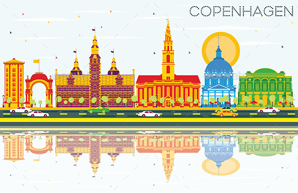 Copenhagen Skyline with Color Landmarks, Blue Sky and Reflections - Buildings Objects