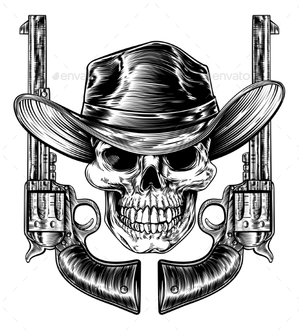 Cowboy Hat Skull and Pistols - Miscellaneous Vectors