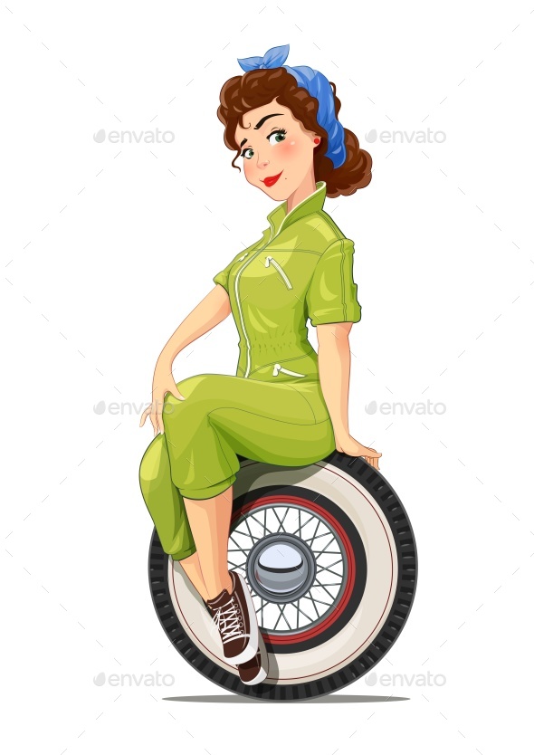 Girl Auto-Mechanic with Vintage Car Wheel - People Characters