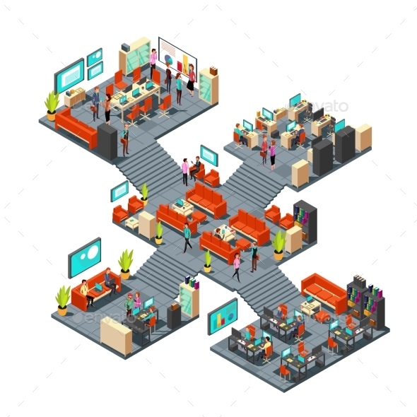 Isometric Business Offices with Staff - People Characters
