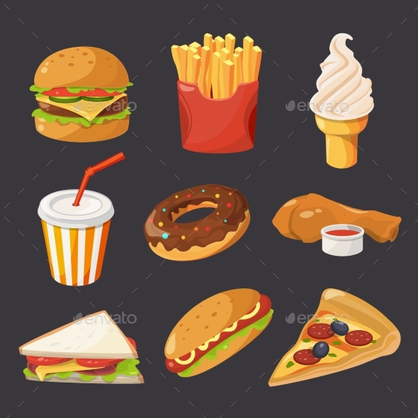 Fast Food Illustration in Cartoon Style - Food Objects
