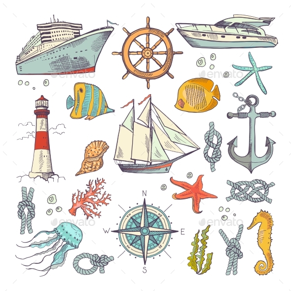 Marine Coloring Doodle Set - Miscellaneous Vectors