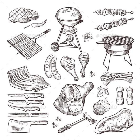 BBQ Vector Hand Drawn Illustration Set - Food Objects