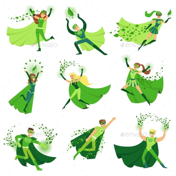 ECO Superhero Characters in Action Set - Miscellaneous Vectors