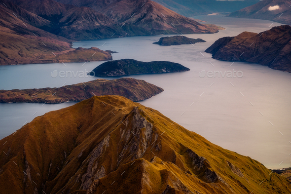 Detail landscape of Wanaka lake at sunrise, New Zealand Stock Photo by  martinm303