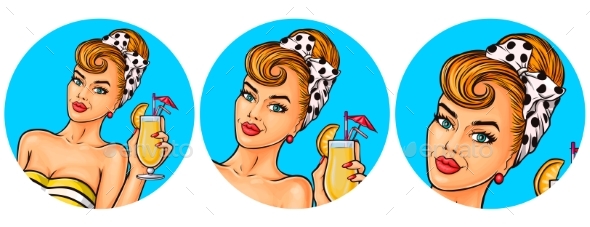 Set of Women Pop Art Round Illustrations - People Characters