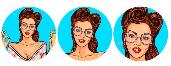 Set of Women Pop Art Round Illustrations - Web Technology