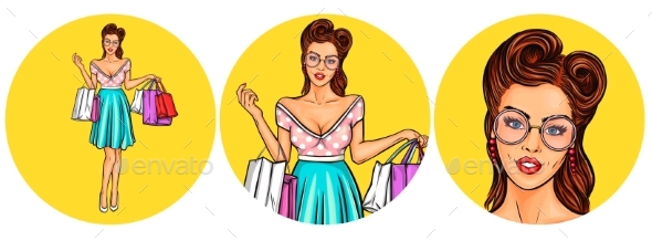 Set of Women Pop Art Round Illustrations - People Characters