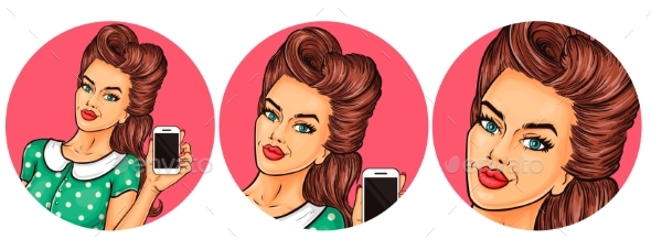 Set Women Pop Art Round Illustrations - People Characters