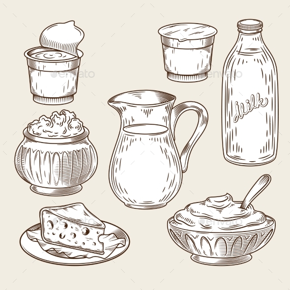 Vector Illustration of a Set of Dairy Products - Food Objects