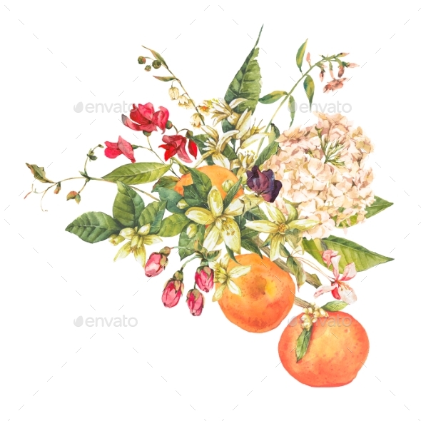 Watercolor Blooming Orange Twig with Flowers - Patterns Backgrounds