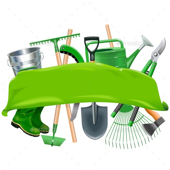 Vector Green Banner with Garden Tools - Backgrounds Decorative
