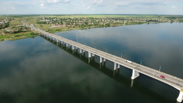 Aerial Shot of a Modern Car Bridge in Kherson in a Sunny Day in Summer