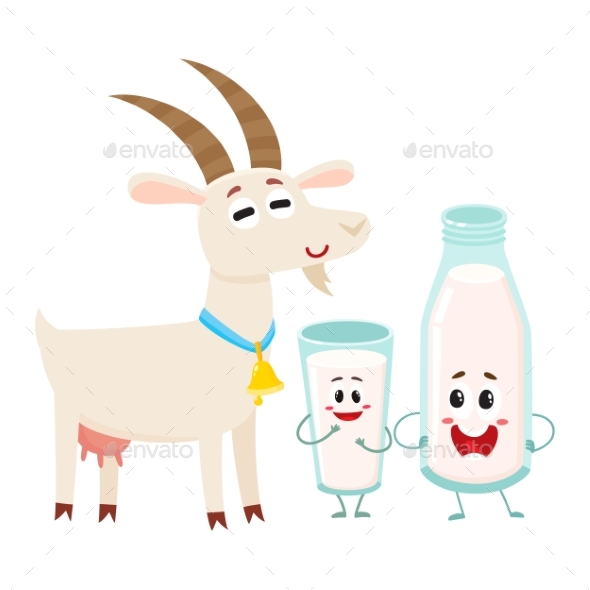 Farm Goat and Milk Bottle Characters with Smiling - Food Objects