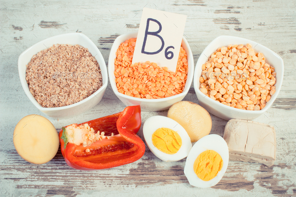 Vintage photo, Ingredients containing vitamin B6 and dietary fiber, healthy nutrition concept - Stock Photo - Images