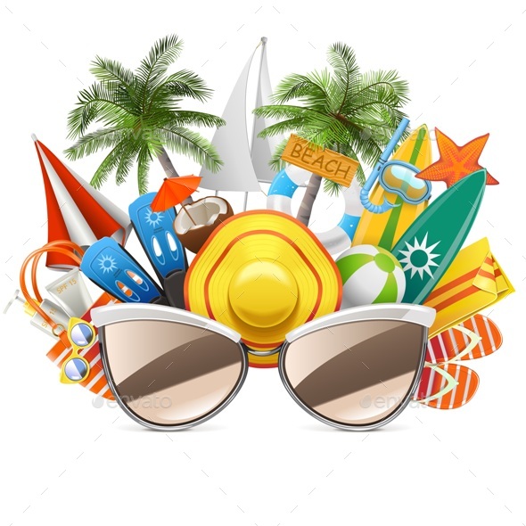Vector Beach Concept with Sunglasses - Travel Conceptual