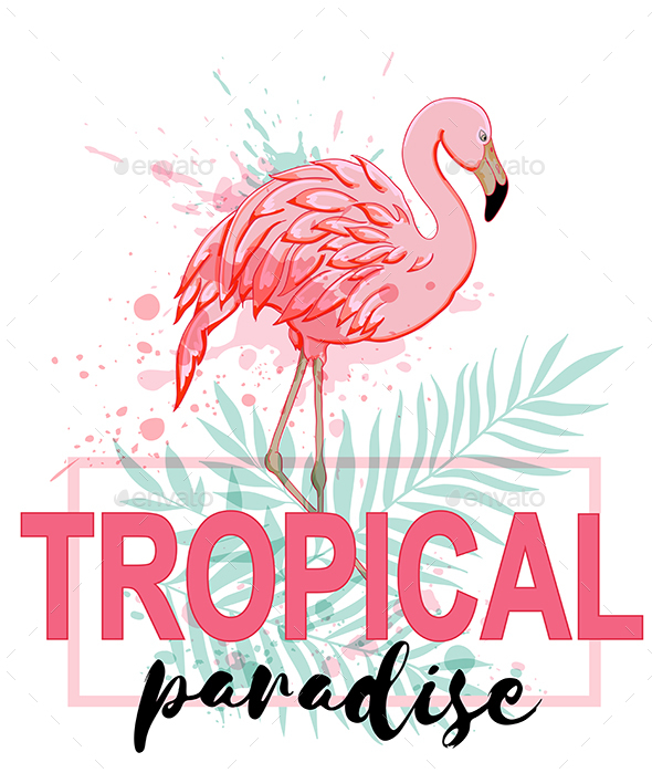 Pink Flamingo and Green Palm Leaves - Animals Characters