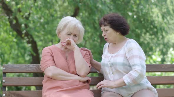 Caring Senior Woman Calming Down Friend Sitting on Bench in Summer Park. Portrait of Caucasian alt