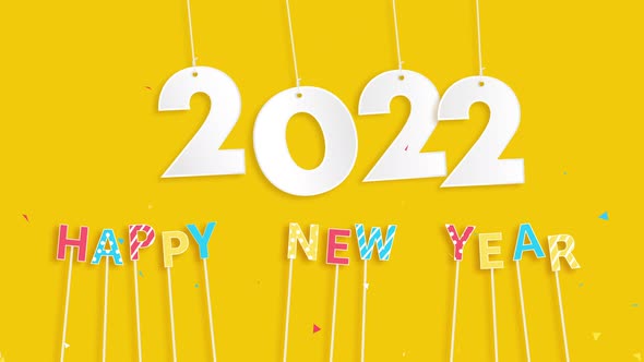 Numbers 2022 bouncing on the ropes with colorful happy new year text and confetti