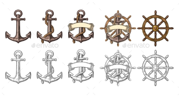 Anchor and Wheel with Ribbon Isolated on Beige - Buildings Objects