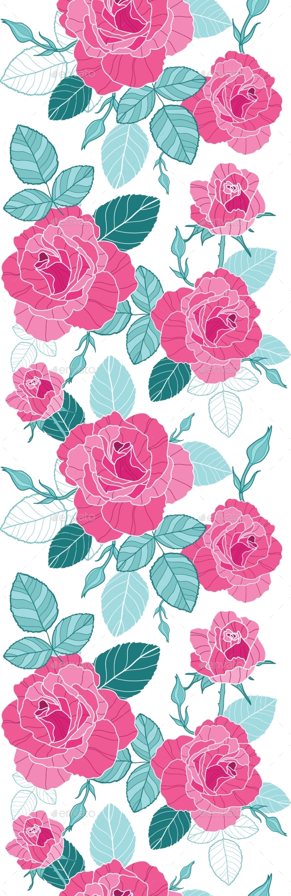Vector Vintage Pink Roses and Blue Leaves on White - Flowers & Plants Nature