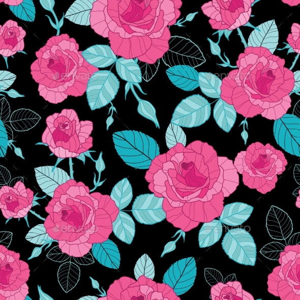 Vector Vintage Pink Roses and Blue Leaves on Black - Flowers & Plants Nature