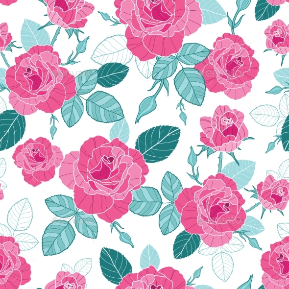 Vector Vintage Pink Roses and Blue Leaves on White - Flowers & Plants Nature