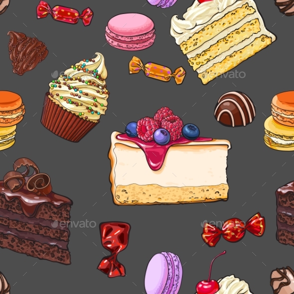 Seamless Pattern of Hand Drawn Cakes, Candies - Food Objects