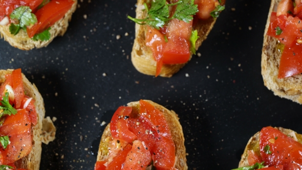 Classic Italian Bruschetta, Tomato, Garlic and Parsley on Toasted Bread alt
