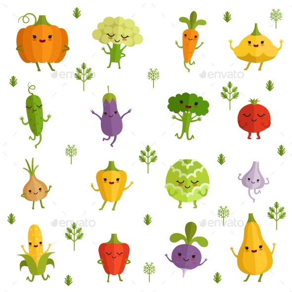 Vegetables Characters with Funny Emotions. Vector - Food Objects