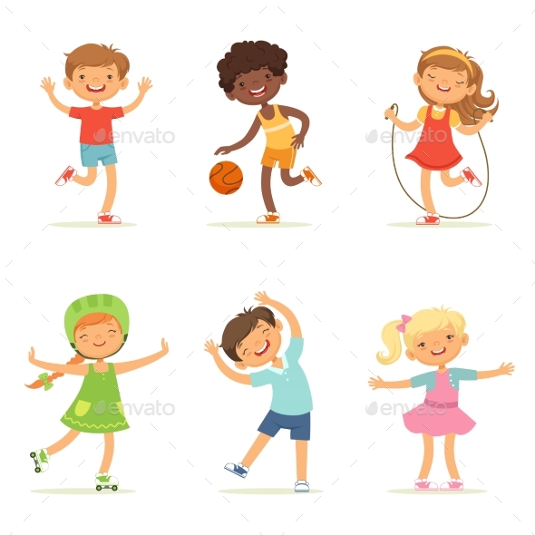 Kids Playing in Active Games. Vector Illustrations - People Characters
