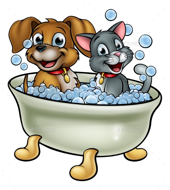 Cartoon Cat and Dog Washing in Bath