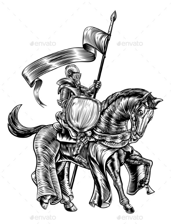 Knight on Horse Vintage Woodcut Engraving - Backgrounds Decorative