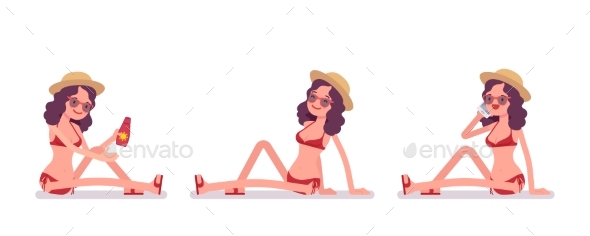 Woman in a Bikini Set Sitting Sunbathing - People Characters