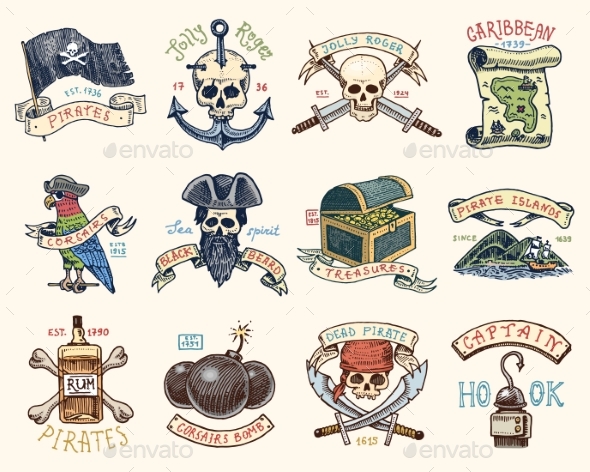 Set of Engraved, Hand Drawn, Old, Labels or Badges - Miscellaneous Vectors