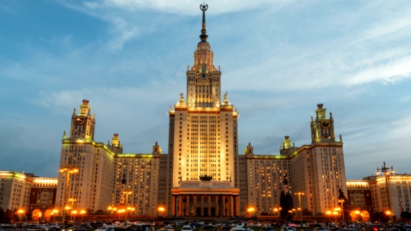 The Main Building Of Moscow State University On Sparrow Hills At Sunset