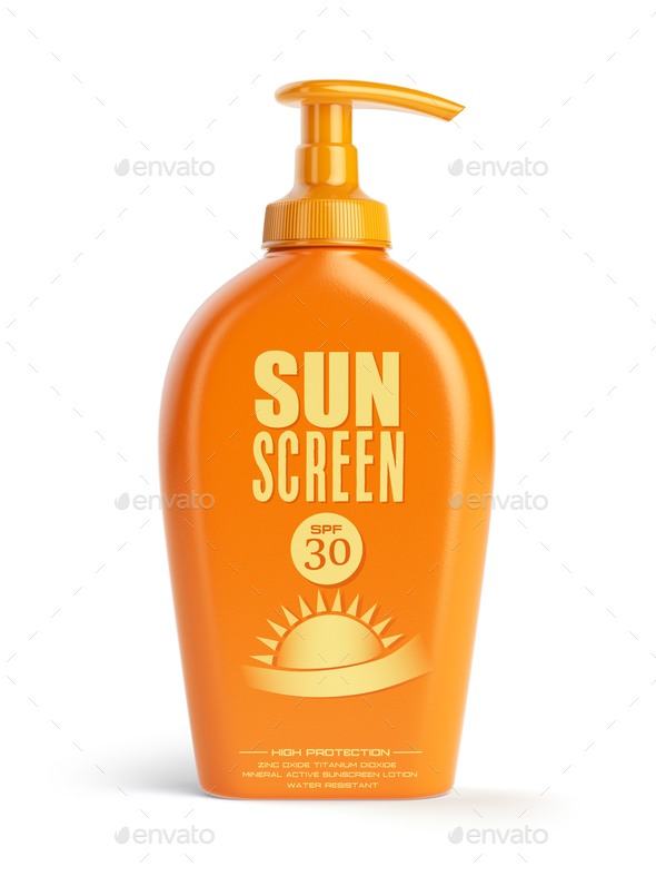 Sun screen cream, oil and lotion containers. Sun protection and