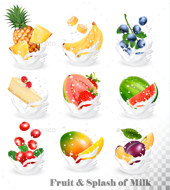 Big Collection Icons Of Fruit In A Milk Splash - Food Objects