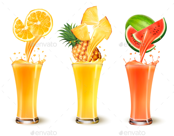 Set Of Fuit Juice Splash In A Glass. - Food Objects