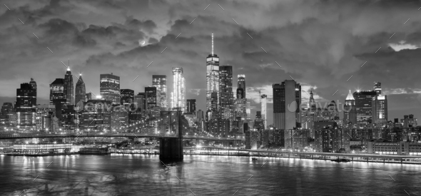 Black And White Panoramic Picture Of New York At Night