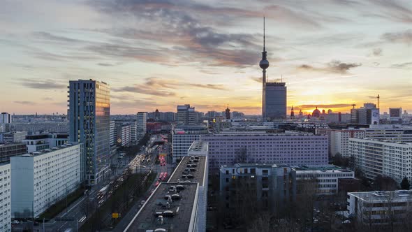 Twilight Time Lapse Aerial View of Berlin City Skyline Alexanderplatz Day to Night, Berlin