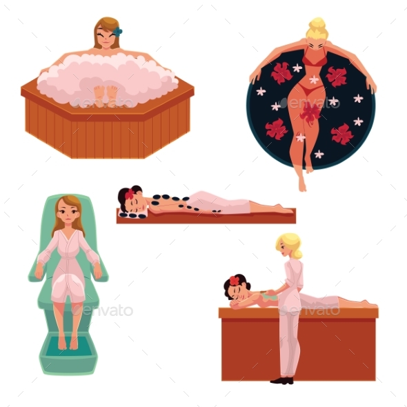 Woman Relaxing in Spa - Foam Bath, Stone Massage - People Characters