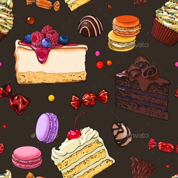 Seamless Pattern of Hand Drawn Cakes, Candies - Food Objects