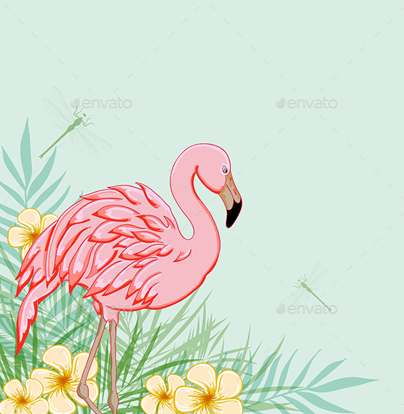 Pink Flamingo and Flowers - Animals Characters