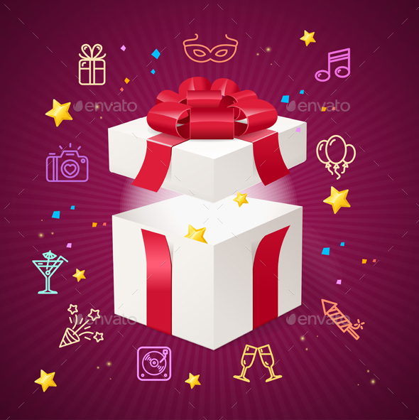 Party Card Flyer Invitation Birthday with Open Present Box. Vector - Miscellaneous Seasons/Holidays