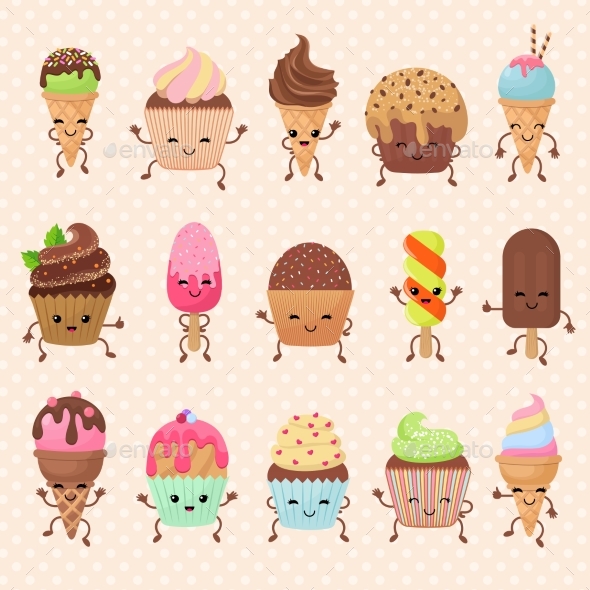 GraphicRiver Funny Vector Cupcake and Ice Cream Dessert 20231980