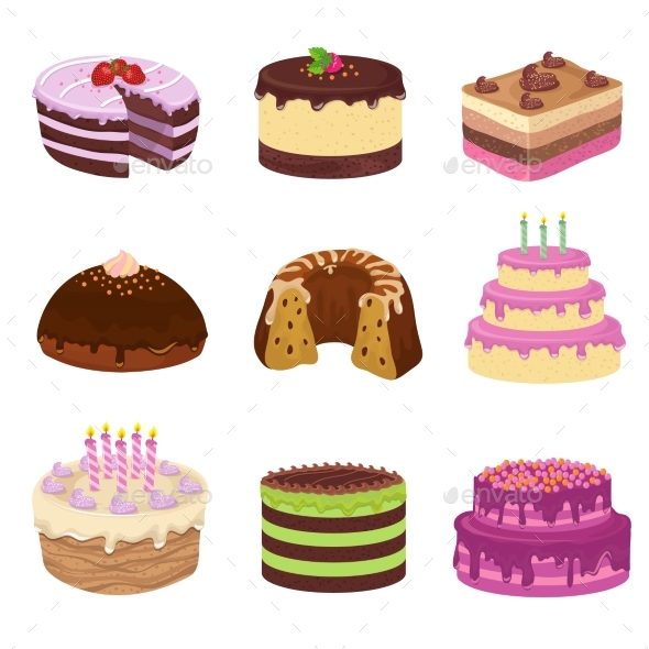 Birthday Party Vector Tasty Cakes. Anniversary - Food Objects