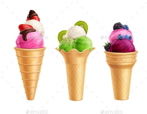 Ice Cream With Fruits Realistic Set