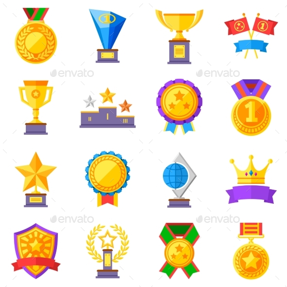 Flat Rewards Vector Icons. Gold Cups, Medals - Objects Vectors