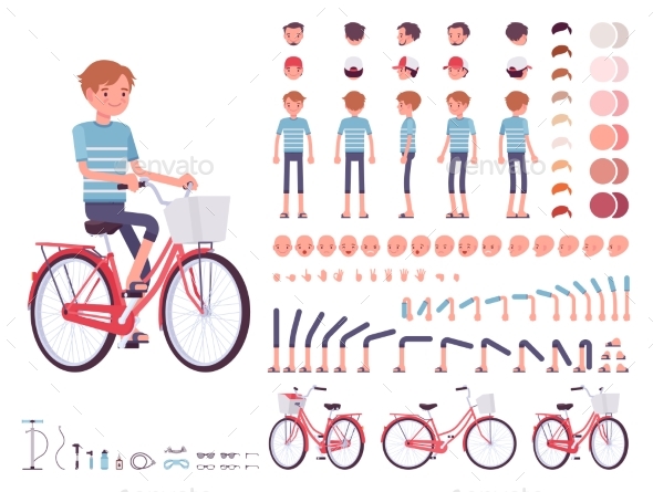 Young Man Cycling City Bike. Character Creation - People Characters